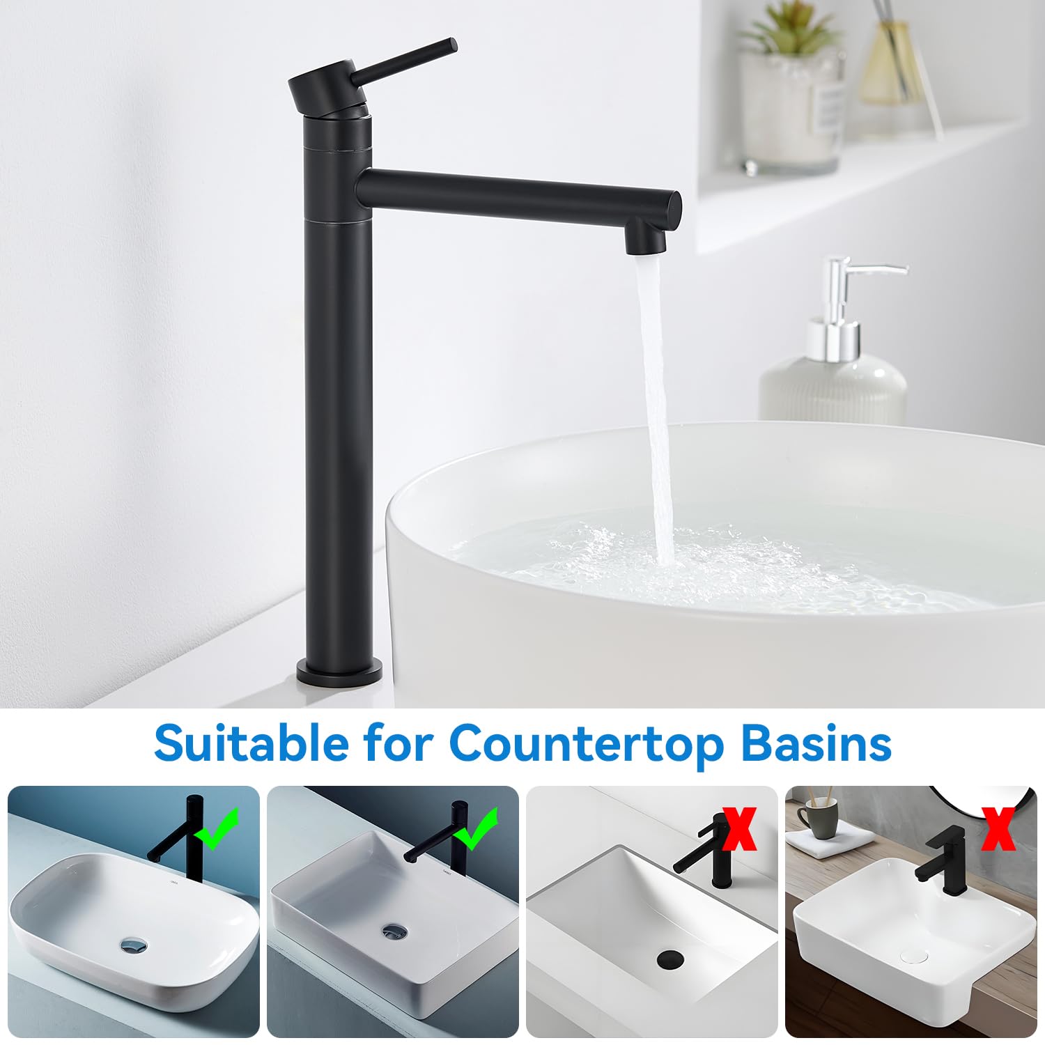Robinet Salle de Bain, Mitigeur Lavabo Haut pour Vasque Pivotant à 360°, Mitigeur Vasque à Poser, Robinet Lave Main Acier Inox, Chaud et Froid Réglable, Noir Mat