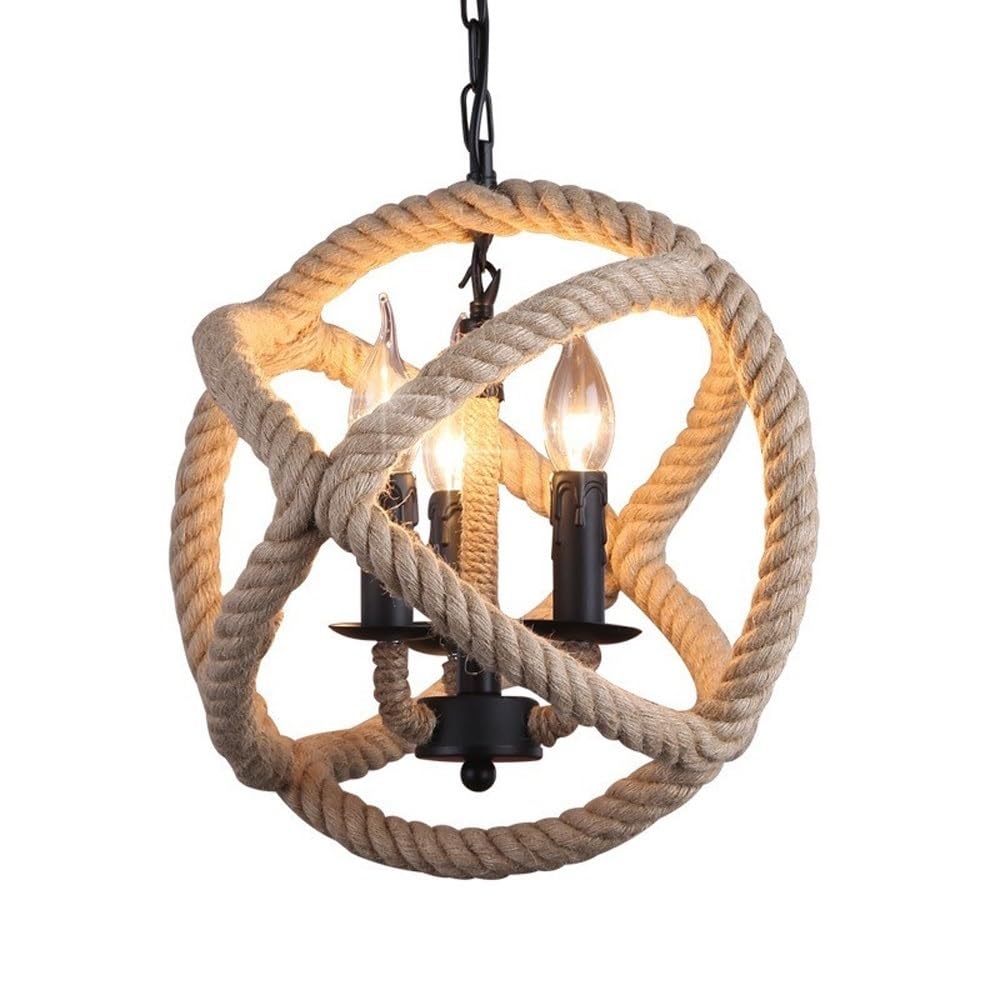 BLOOHK Vintage Industrial Hemp Rope Pendant Light, 3-Light Round Retro Loft Ceiling Hanging Lamp for Living Room, Dining Room(35cm)