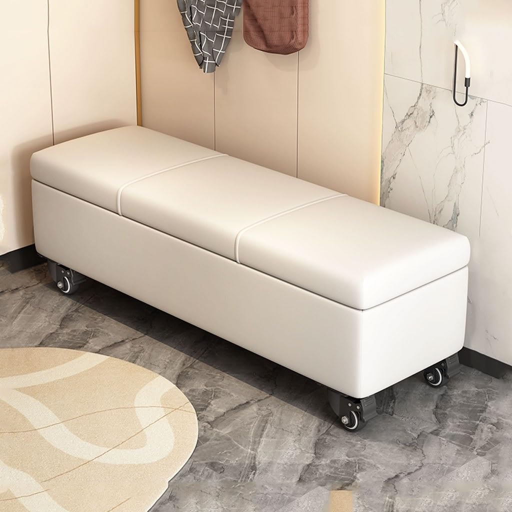 Zhangshouf Beige Storage Bench For Living Room & Bedroom 60Cm Faux Leather Ottoman With Wheels End Of Bed Chest Upholstered Footrest & Footstool