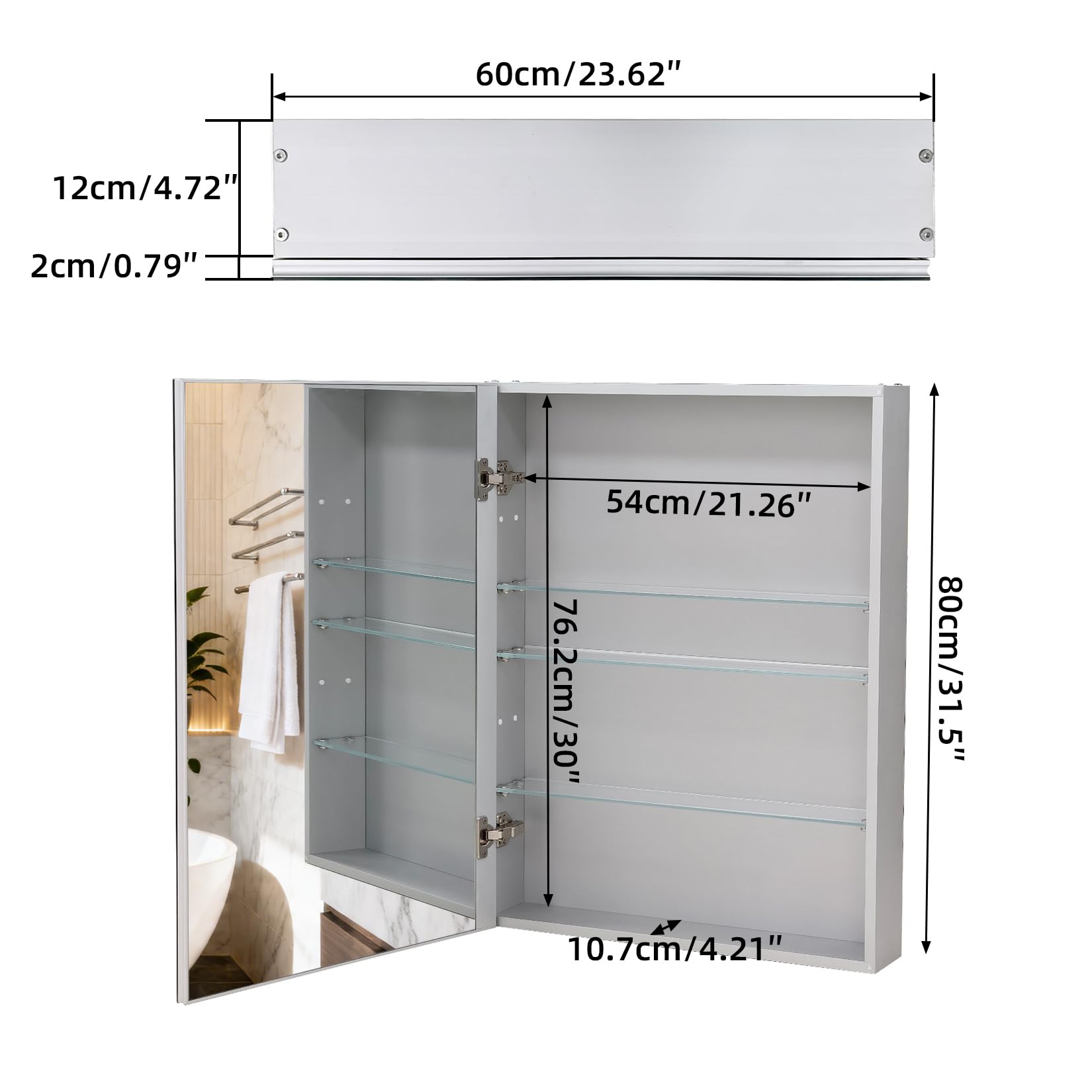 Botiquín de baño de 80 x 60 cm con espejo, marco de aluminio, ligero, resistente y atractivo, apto para empotrar o montar en la pared, estantes ajustables, vidrio templado