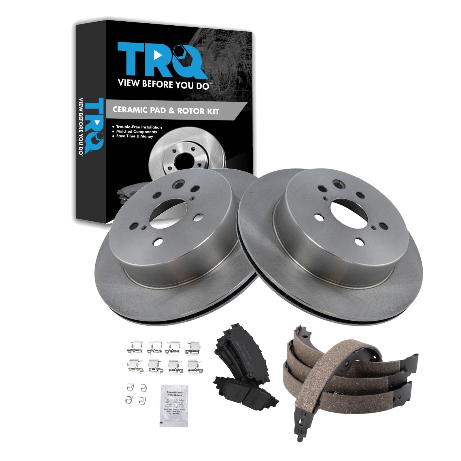 TRQ Rear Brake Pad and Rotor Set Ceramic Parking Brake Shoe Compatible with 2014 Lexus IS250 F Sport