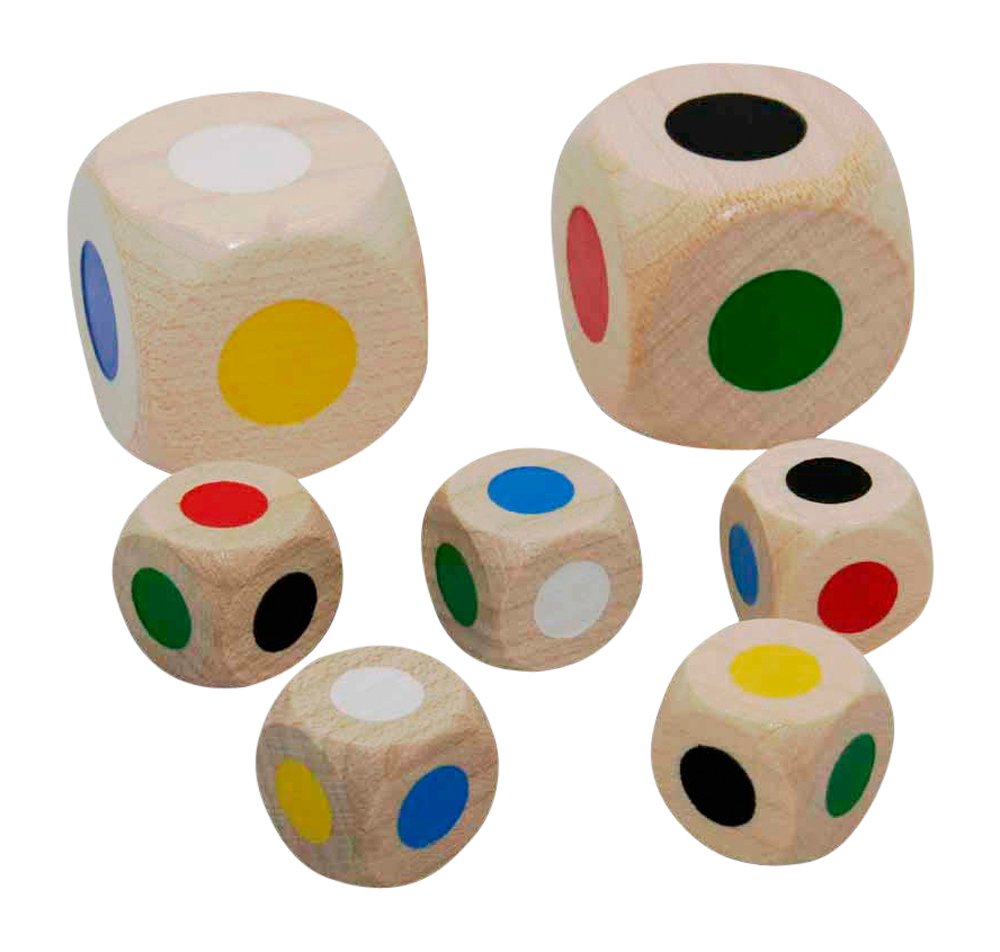 Set 5 Dadi In Legno Samena Con Pois Colorati – 4 Cm Di Lato – Grandi E Massicci Per Giochi Da Tavolo