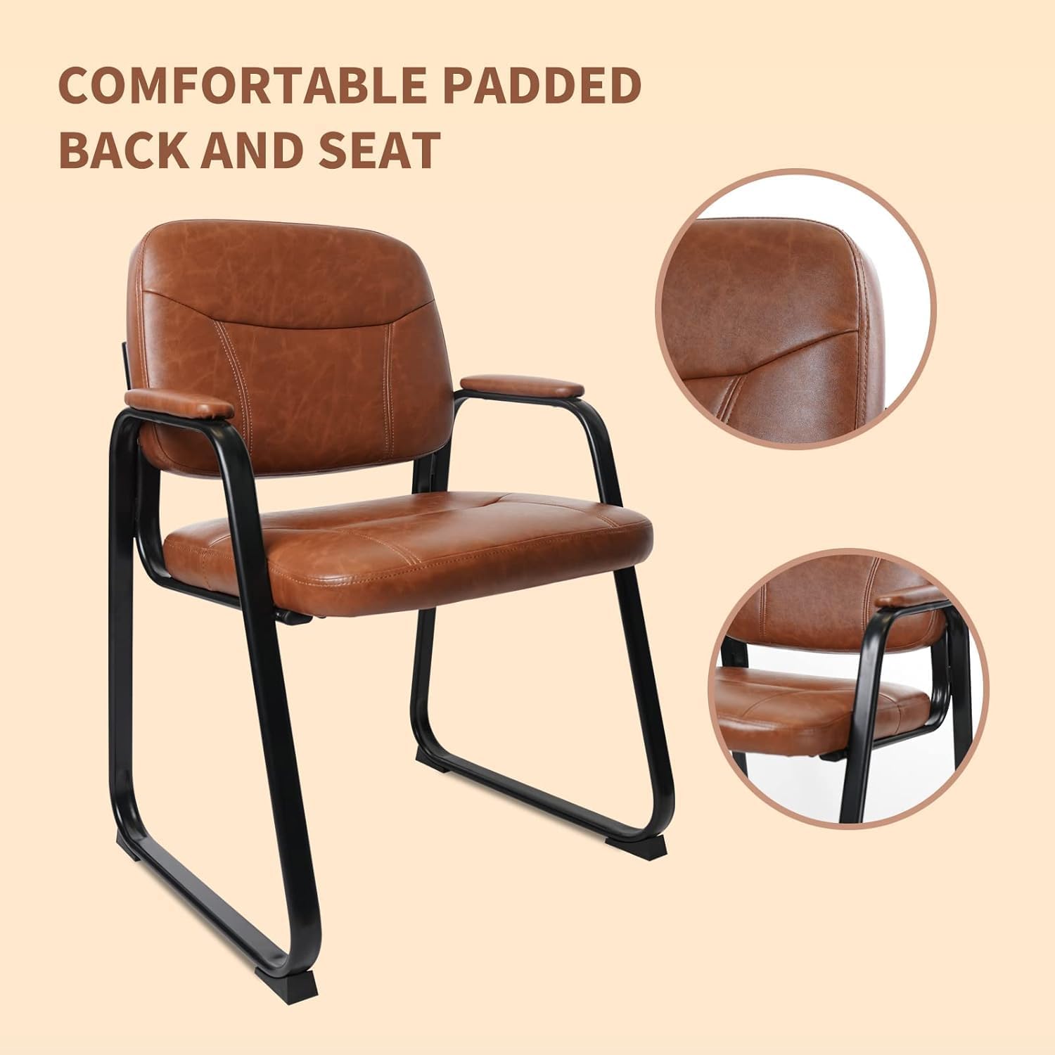 CLATINA Guest Reception Chair, Waiting Room Desk Chair Meeting Chairs with Sled Base and Bonded Leather Padded Armrests, Ergonomic Side Chair for Home Office Conference, Brown 4Pack