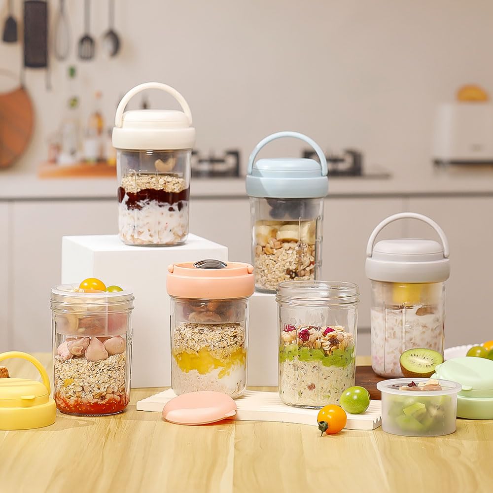 6 Pack Overnight Oats Containers with Lids and Handles, Folding Spoons & Divided Compartments for Fruit & Nuts, 16oz Glass Mason Jars for Oatmeal Yogurt Container with lids (Cream/Blue/Gray/Pink)