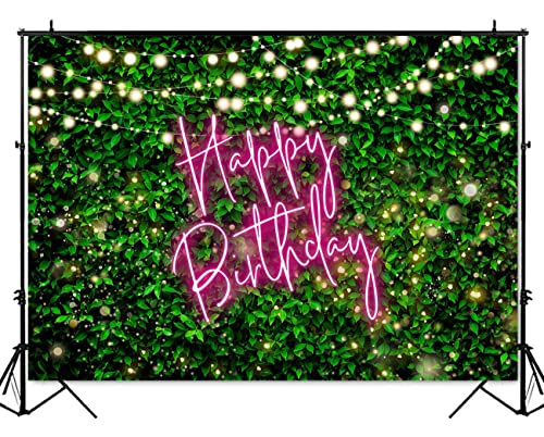 Mocsicka Green Leaves Happy Birthday Backdrop Greenery Pink Neon Birthday Backdrops 30th 40th 50th Adult Birthday Party Decorations Photo Background - Image 3