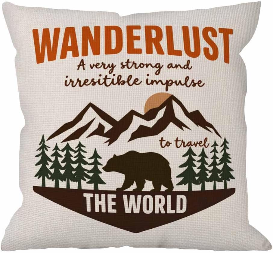 HGOD DESIGNS Wanderlus Pillow Covers,Decorative Throw Pillow Adventure Quotes Travel The World with Mountain Explorer and Bear Pillow Cases Cotton Linen Cushion Covers for Home Sofa Couch 18x18