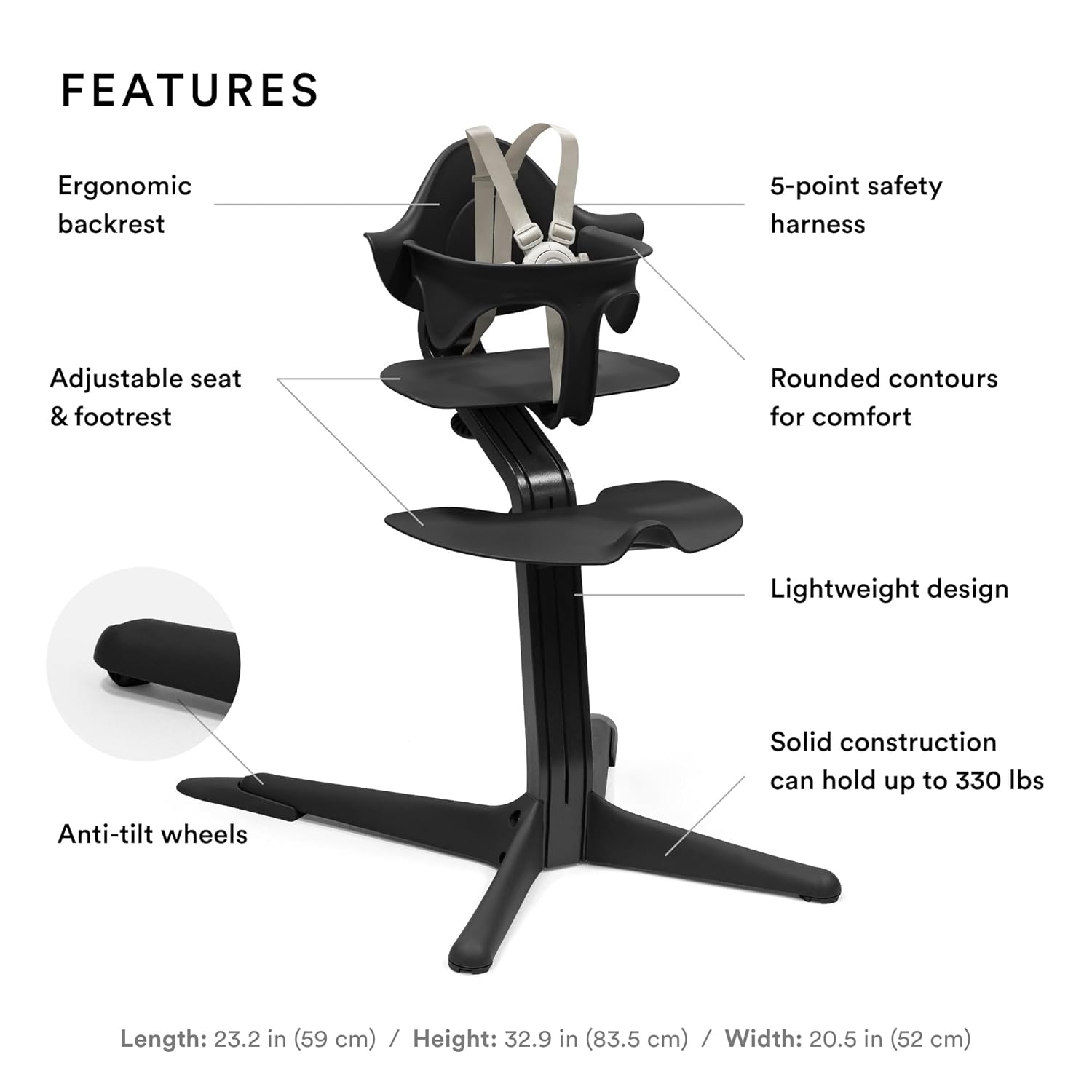 Stokke Nomi High Chair, Black - Inspires Active Sitting - Tool-Free, Seamless Adjustability - Includes Baby Set with Removable Harness for Children 6-24 Months