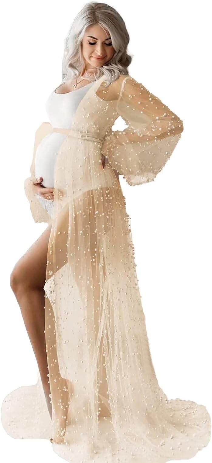 yinyyinhs Pearl Maternity Dress for Photoshoot Long Puffy Sleeves Tulle Robe for Women Bridal Lingerie BabyShower Dress