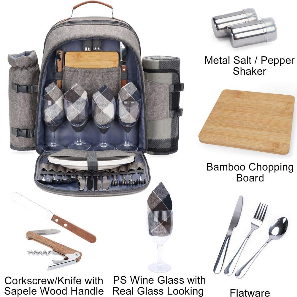 HappyPicnic Zaino da picnic isolato 4 persone stoviglie scomparto raffreddamento portabottiglie tappeto impermeabile