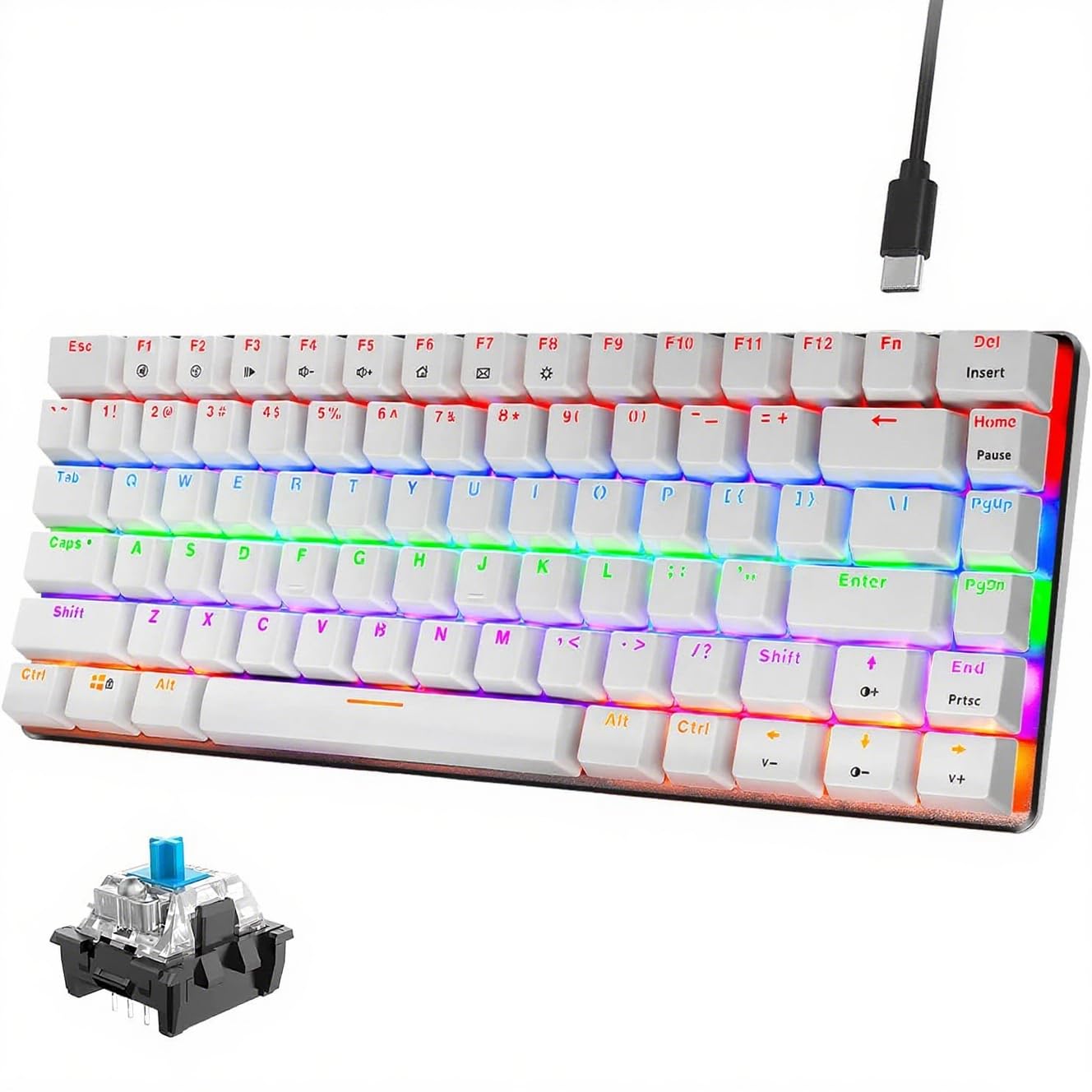 Mechanical Keyboard, AK33 Rainbow LED Backlit USB Cable Gaming Mechanical Keyboard, 82-key Compact Mechanical Gaming Keyboard with Anti-ghosting Keys for Gamers & Typists(Blue switch, White)