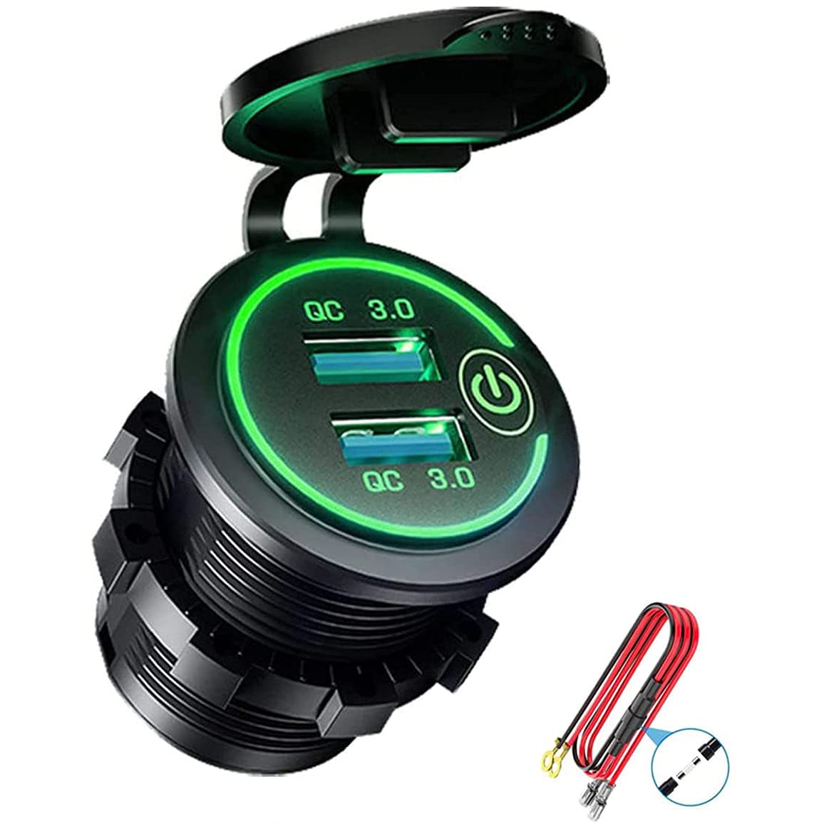 Pasuihcay QC 3.0 Dual USB Charger Socket,Waterproof 12V/24V USB Outlet with Touch-Switch for Car, Marine,Boat,RV,Motorcycle,Green, Black&Green