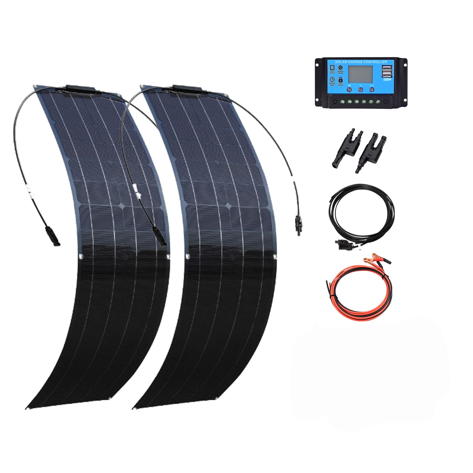 Xinpuguang Black 100W 12V Solar Kit 2 X 50W Flexible Solar Panels Pet Monocrystalline Solar Cell For Boat, Car, Yacht, Caravan, Outdoor Power Charging (100)