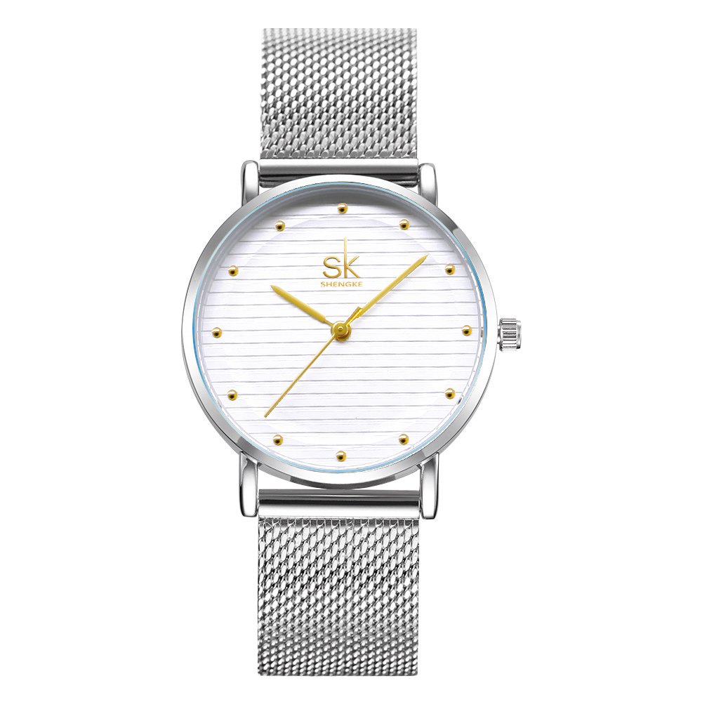 SK SHENGKE Women's Mesh Watches Elegant Design Face Stainless Steel Back Case Fashion Ladies Waterproof Wristwatch