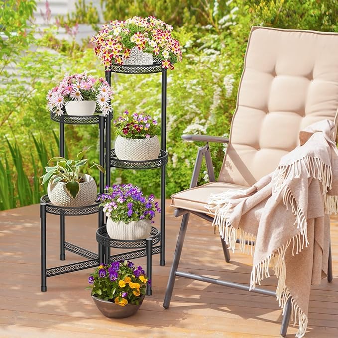 Image of Snazzy 5 Tier Metal Plant Stand for Indoor Outdoor, Foldable Corner Tall Plant Shelf Display Stand for Multiple Plants, Wrought Iron Flower Pot Holder for Living Room Balcony Garden Patio