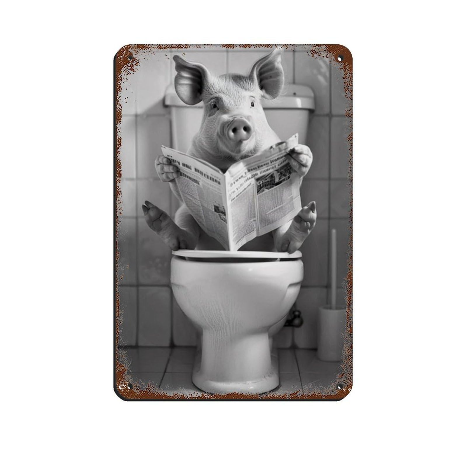 Pig Sitting on The Toilet Reading A Newspaper Tin Sign Vintage Metal Pub Club Cafe Bar Home Wall Art Decoration Poster Retro 8x12inch(20x30cm)