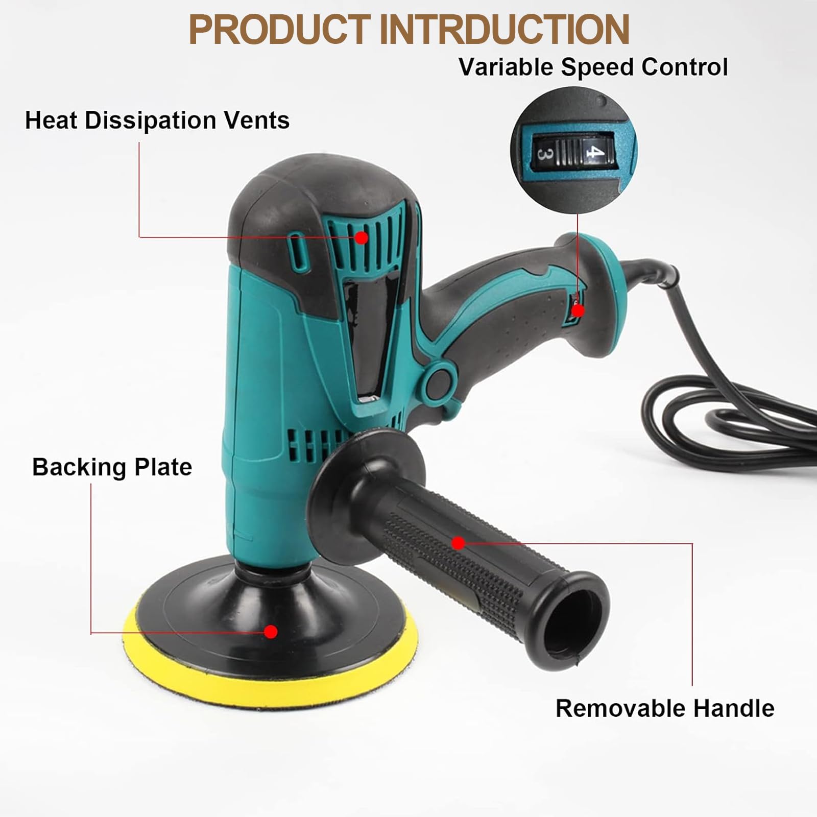 Lucidatrice elettrica per auto, lucidatrice elettrica a velocità regolabile, 3600 giri/min, manico rimovibile, strumento per la rimozione dei graffi dalla carrozzeria, per lucidatura e ceratura di