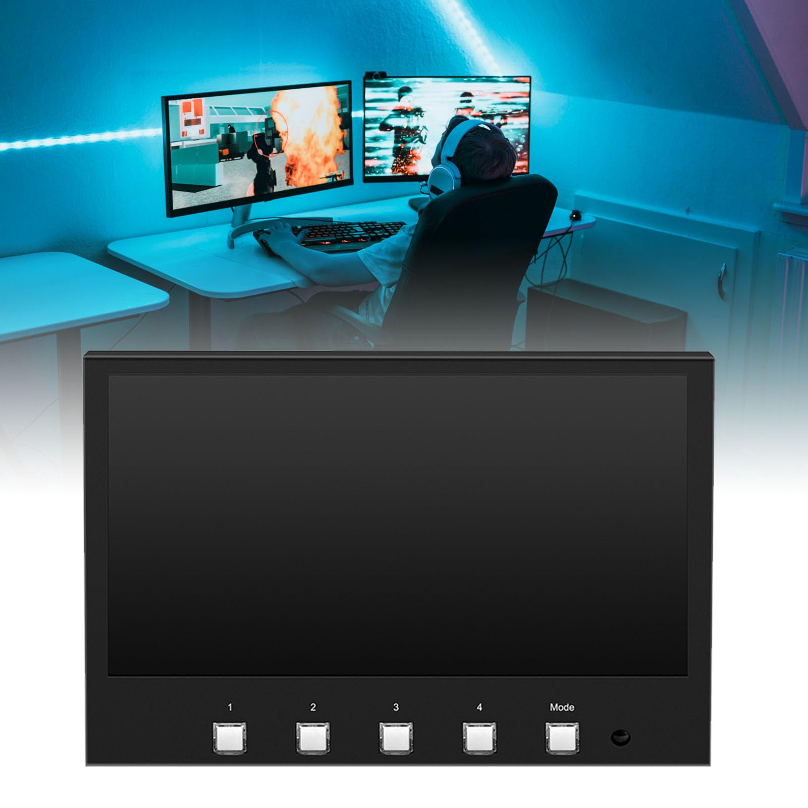 Fockety Commutatore Mixer Video Multicamera, 4x4K Ingressi HDMI Uscita USB 3.0 Commutatore Mixer Video Multiformato con Monitor da 7 Pollici, Commutatore Video con Telecomando (Normative