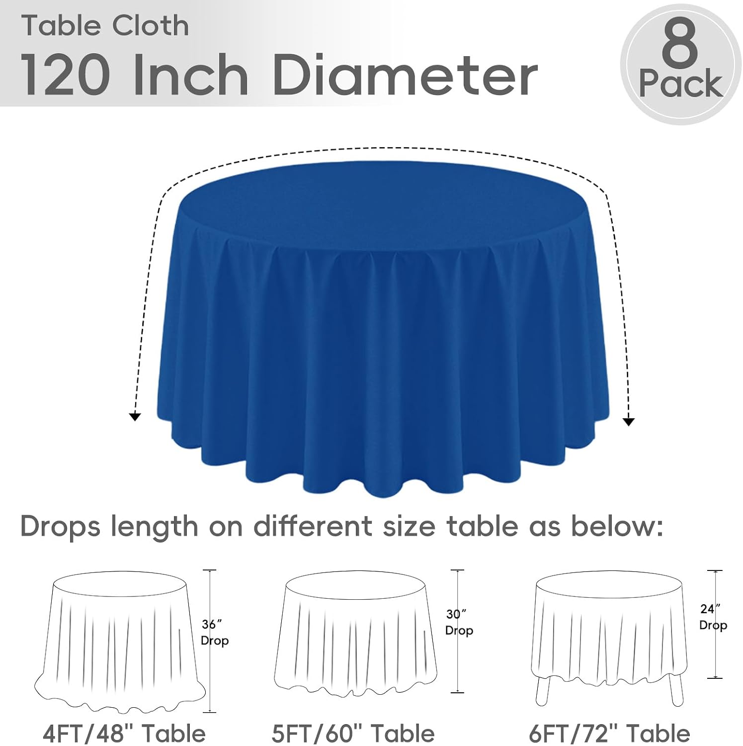 8 Pack Royal Blue Round Tablecloth 120 Inch for 48"-96" Table image 2