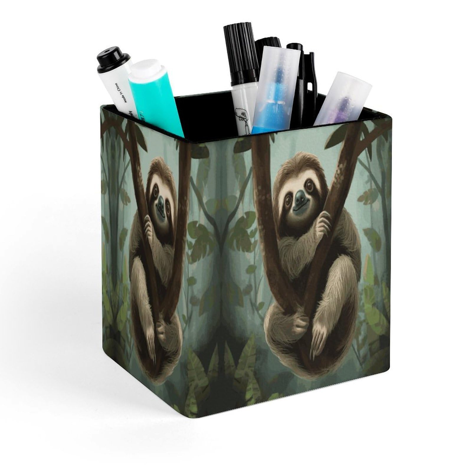 FekiLoot Sloth2 Pencil Holder for Desk Square Leather Pen Holder Cup Desktop Organizer Multi-Functional Pencil Cup Holders Modern Decorative Desk Organizer Caddy Makeup Brush Holders