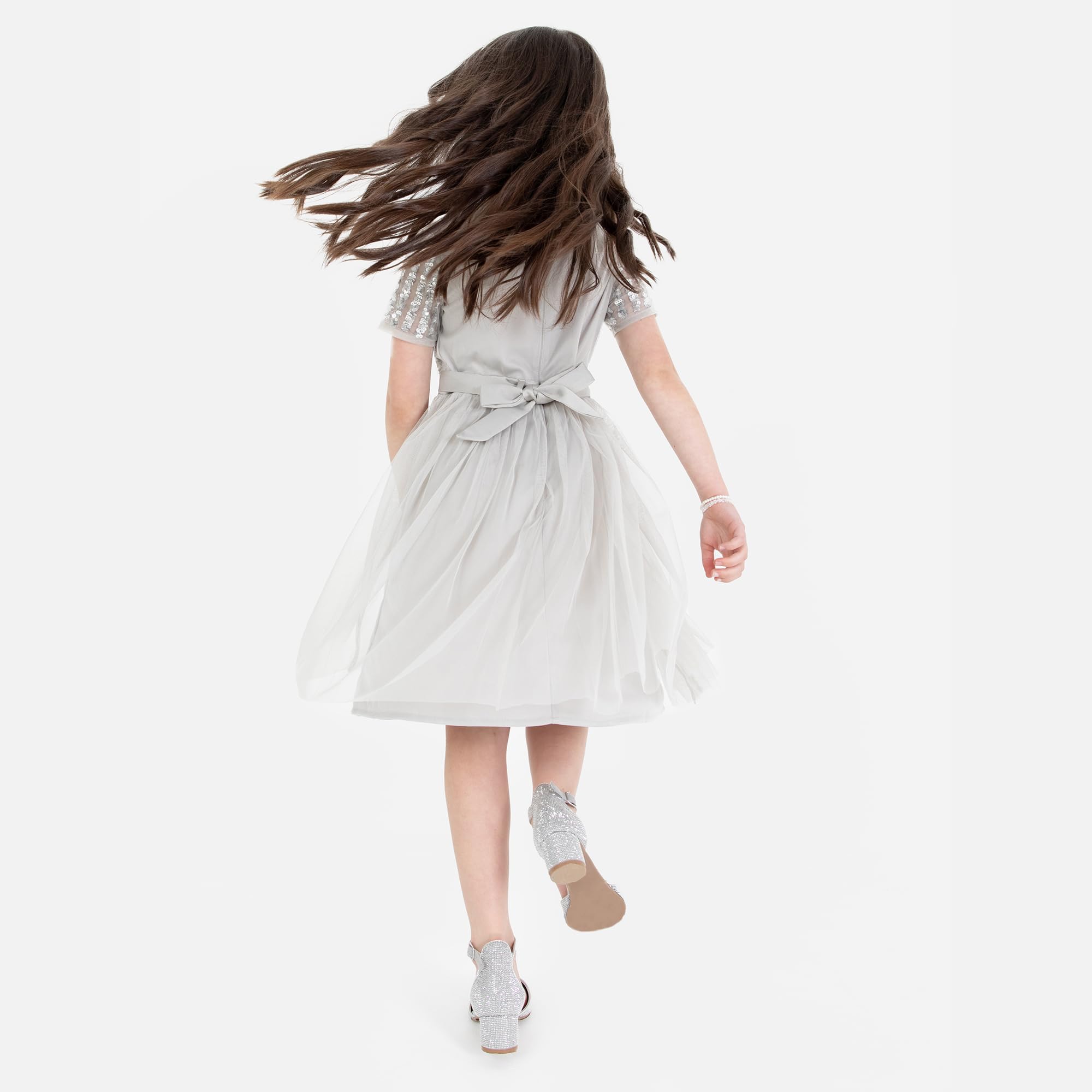 Maya Deluxe Dziewczęca sukienka midi na ślub z cekinami, krótki rękaw, studniówka, przyjęcie urodzinowe, dla druhny, miękki szary, 7-8 lat, Delikatny szary, 7-8 lat
