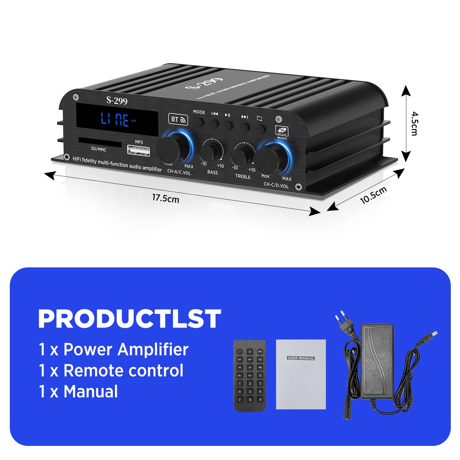 1600W Amplificateur hifi Bluetooth 5.0, 40W x 4 +Caisson de basses actif | 4,1 CH Ampli Voiture Home Cinema Amplificateur de son Avec TF/USB Récepteur pour Mobile Maison Chambre