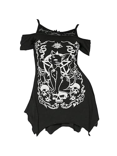 SOLY HUX Women's Plus Size Gothic Cold Shoulder Graphic Tee Shirts Short Sleeve Y2k Tops Festival Rave Outfits Streetwear - 4X-Large Plus - Black Graphic