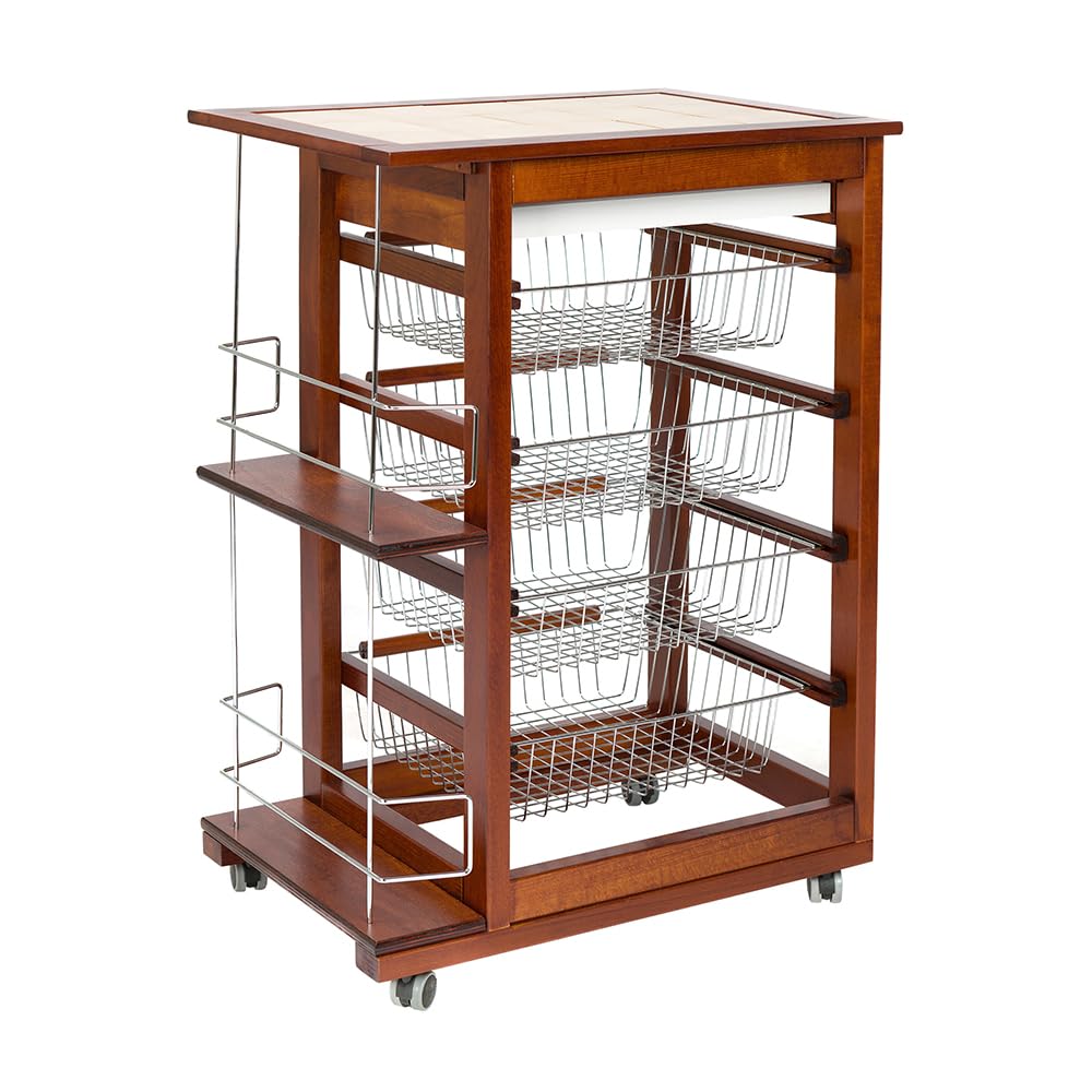 Carrello LANDHELL da cucina con ruote cassetto portafrutta portabottiglie in ferro (Ciliegio)