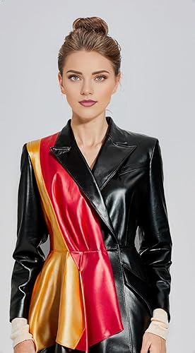 Miniatura 2 de Diseñador exclusivo medio peplum chaqueta de cuero genuino para las mujeres diseño multicolor negro rojo bronceado