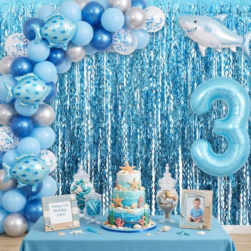 Image of TONIFUL 2Pcs Wavy Light Blue Metallic Tinsel Foil Fringe Curtain Streamer
