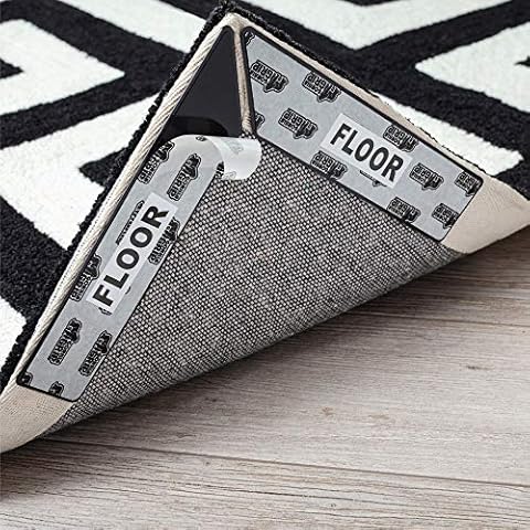 Gorilla Grip Premium Rug Corner Grippers, 8 Piece, Reusable Gripper Corners Fit Seamlessly to Edge of Rugs, Long Lasting Tape Pads Help Stop Curl on Carpet Rugs, Safe for Hard Wood Floors, Black Cover