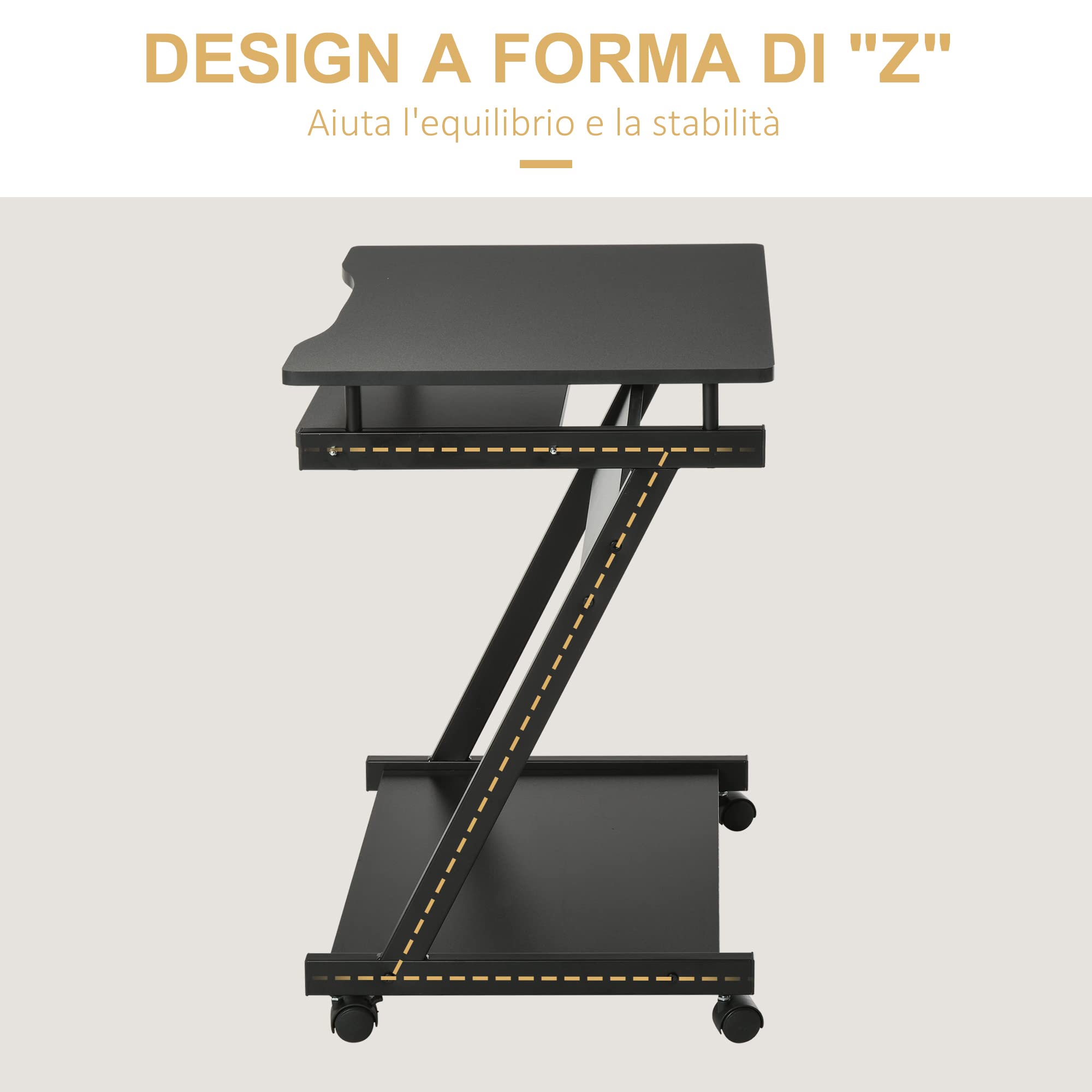 HOMCOM Scrivania per Computer Porta PC Classico e Salvaspazio, Scrivania per cameretta con Piano Tastiera a Scomparsa, 4 Ruote e Ripiano Inferiore Nero 60x48x73cm