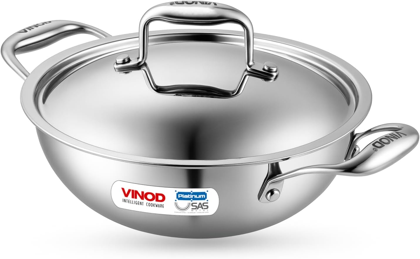 Vinod Platinum Triply Stainless Steel Kadai with Lid- 22 cm, 1.8 L (Induction Friendly)