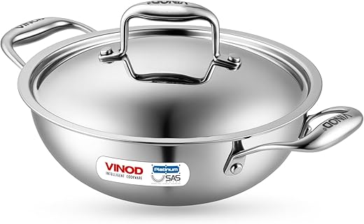 Vinod Platinum Triply Stainless Steel Kadai with Lid – 2.5 L, 24 cm | 2.5mm Thick Base, Even Heating No Hotspot, Less Oil Healthy Cooking, Heavy…
