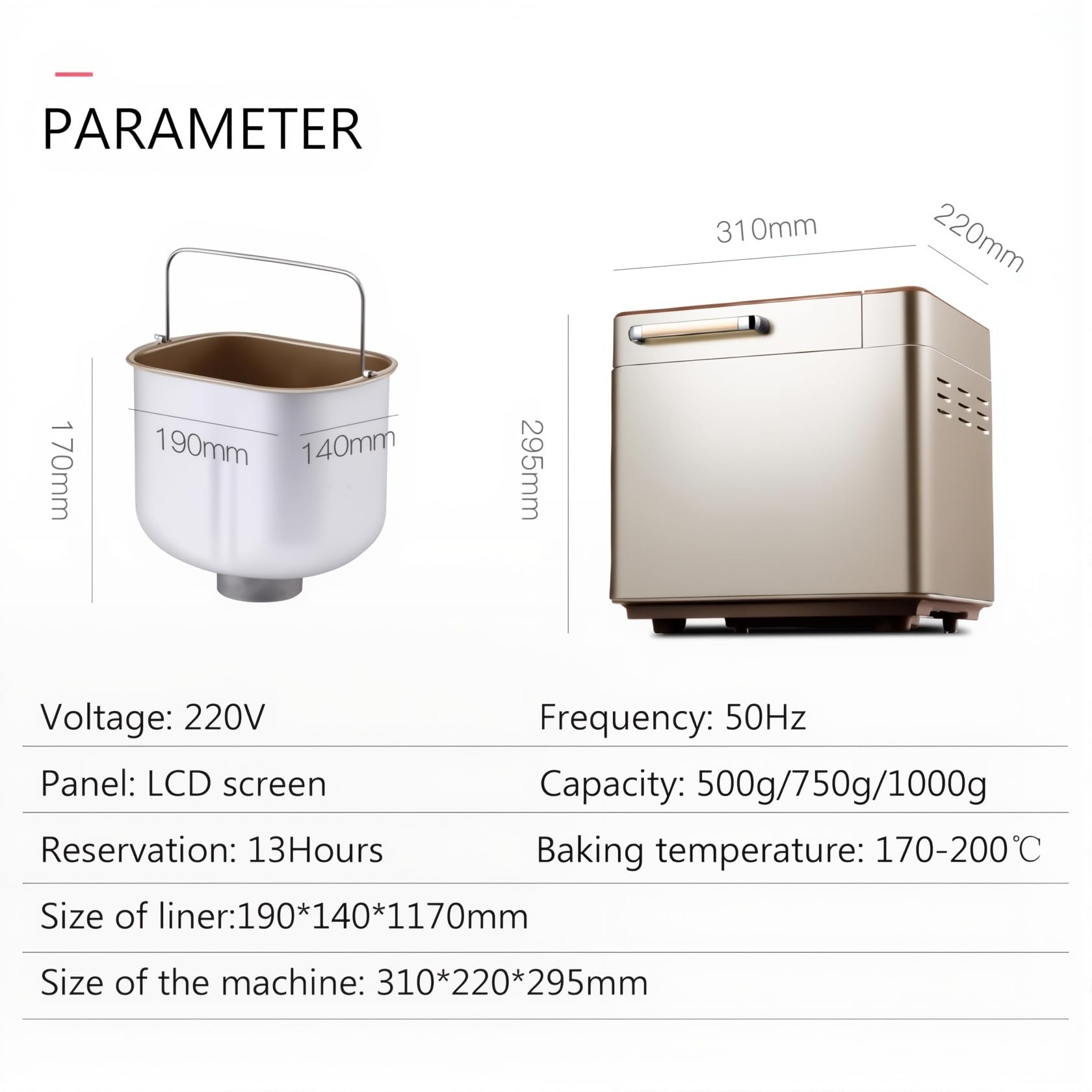 Genérico Panificadora Automática con 24 Programas, 220V, 800W, Capacidad 500g/750g/1000g, Pantalla LCD, Temporizador 13 Horas, 310x220x295mm