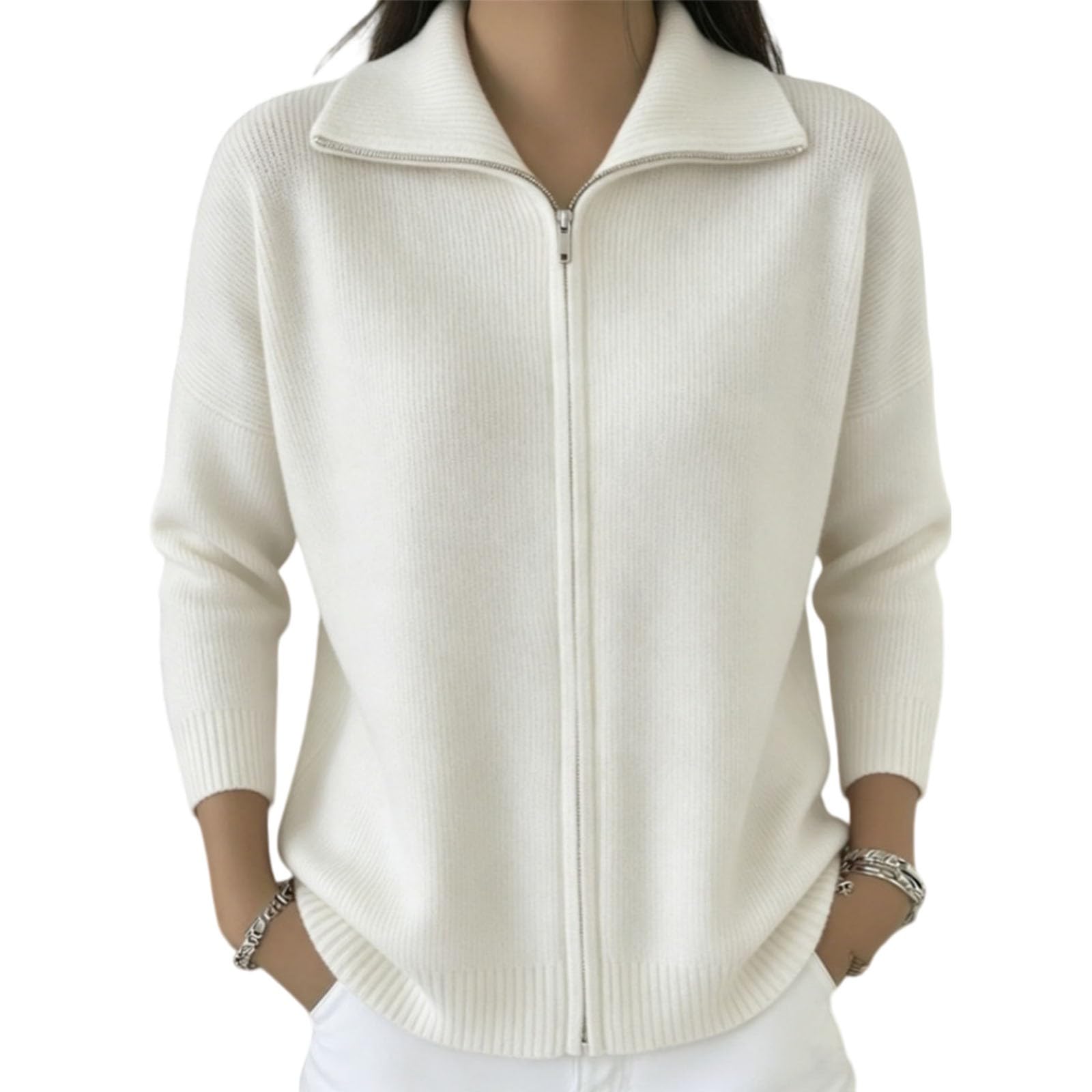 Generico Damen-Strickjacke mit Reißverschluss, Stehkragen, lange Ärmel | Einfarbig Gestrickte Jacke Kleidung Frühling Herbst Casual Style Pullover Elegant Bequeme Passform