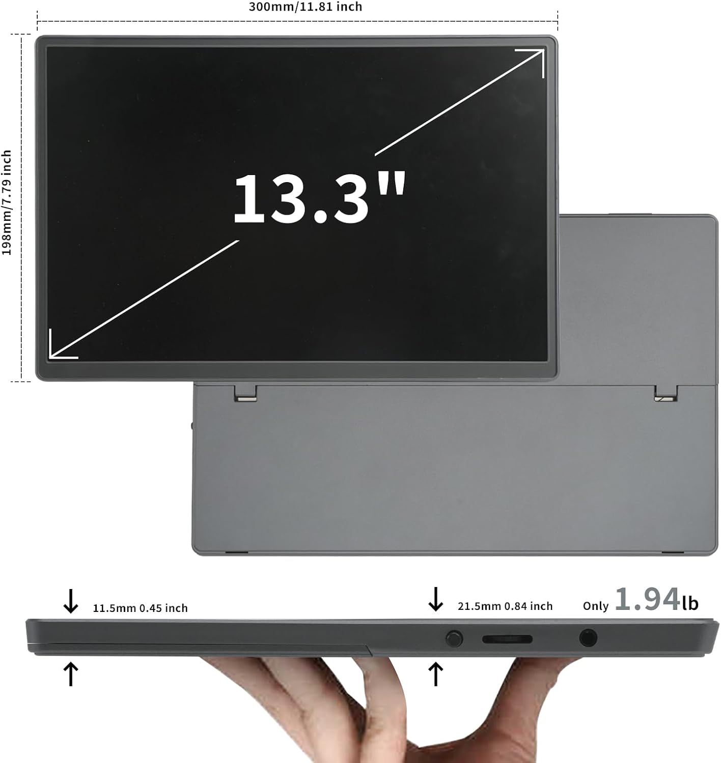 Portable Monitor, 13.3 Inch, 1200P IPS Display, Zero Frame, USB-C and HDMI, for Laptop, PC, Mac, PS, Xbox, Nintendo Switch