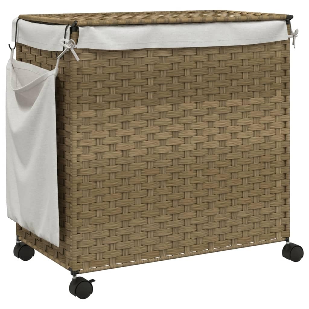 Kosz na pranie na kółkach 60 x 35 x 60,5 cm, rattanowy kosz na pranie z 3 przegródkami, do sortowania, do łazienki, mieszkania, ze składanym wzorem i 4 rolkami