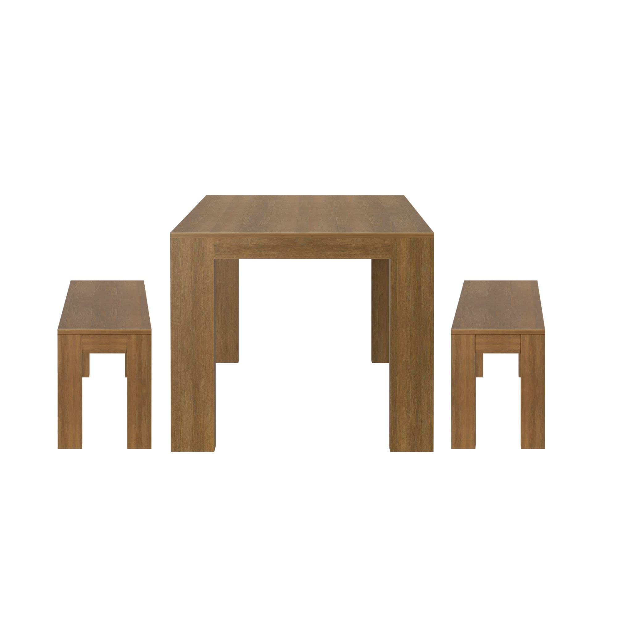 Plank+Beam Modern Dining Table Set with 2 Benches, Pecan Wirebrush