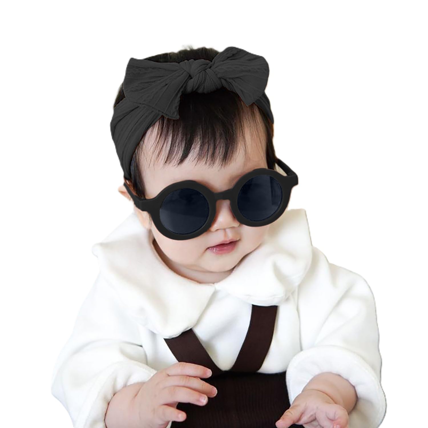 SYGA Baby Bow Jacquard Stretchable Headband With UV Protected Round Sunglasses Stylish Combo For Toddlers And Kids (Black, Black Frame, Free Size)-image-45
