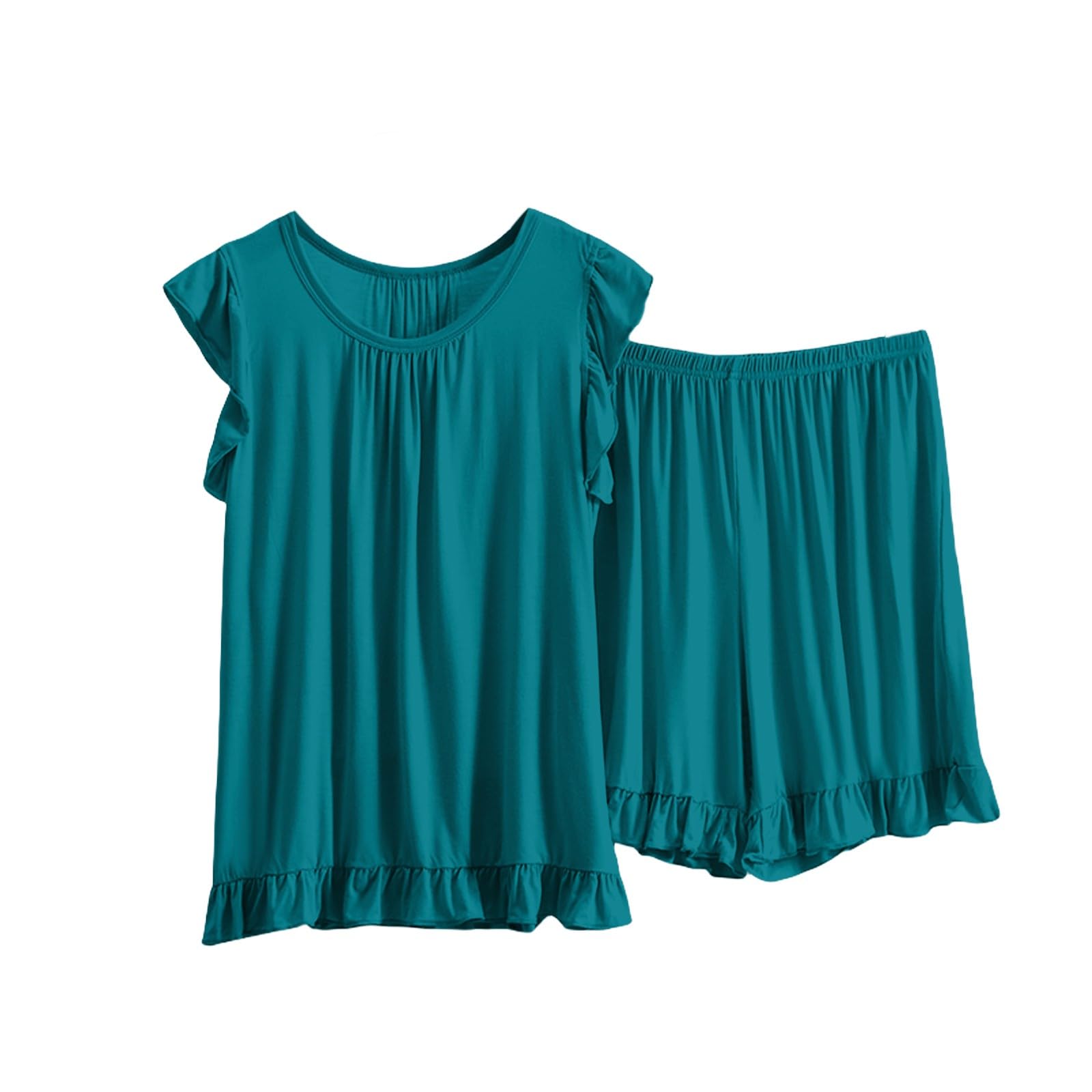 Genérico Conjunto de Pijama de algodón para Mujer, Top Cuello Redondo con Mangas de Volantes y Shorts con Cintura elástica (Verde X)