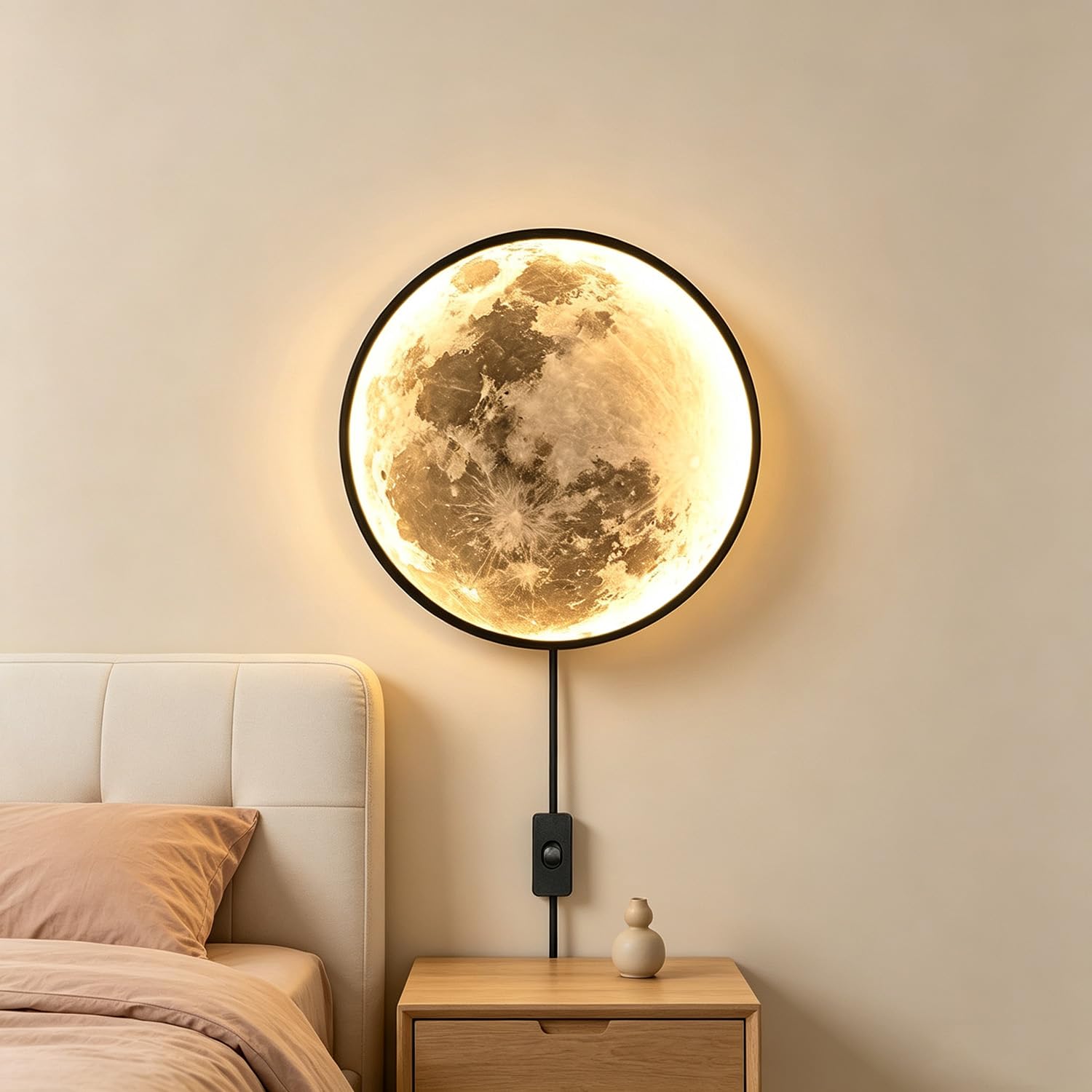 Aplique de Pared LED Luna Interior con Mando a Distancia, Lámpara de Pared Regulable 35W con Interruptor y Enchufe, Lámpara de Cabecera Infantil con Cable, Lámpara de Luna para Dormitorio Salón,30cm