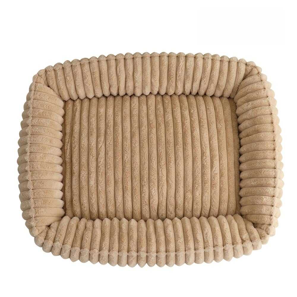 Odot Striped Plush Dog Bed Rectangular Pet Bed for Dogs Cats, Soft Comfort Fluffy Plush Pet Cushion Small Medium for Indoor Calming Puppy Kitten Washable with Anti-Slip Bottom (Khaki,S 50x40cm)