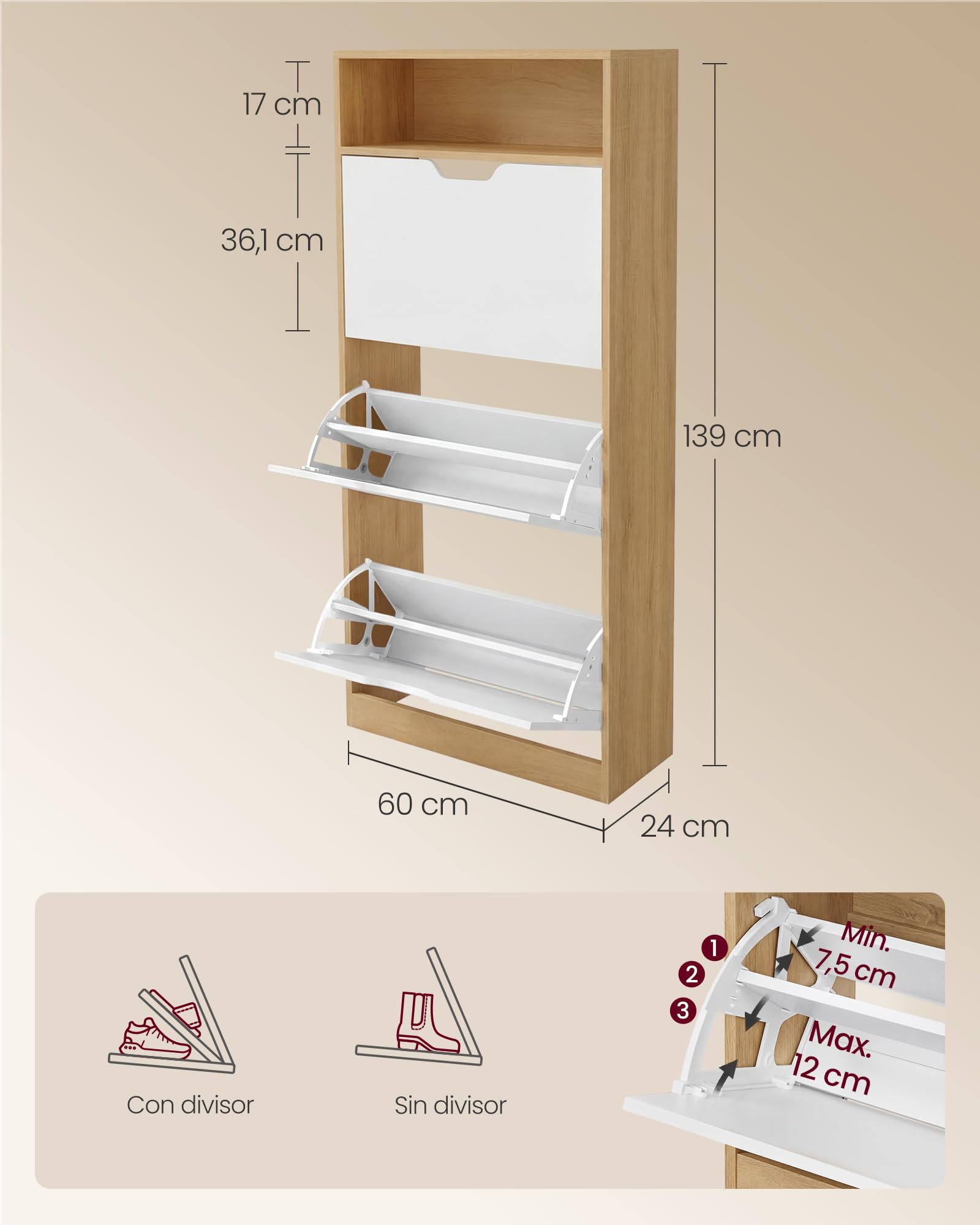 VASAGLE Custos Colección - Zapatero con Compartimiento Abierto y Divisor Ajustable, para Entrada, 3 Puertas Abatibles, 24 x 60 x 139 cm, para 15-18 Pares, Roble Dorado y Blanco Nube LBC046YA02
