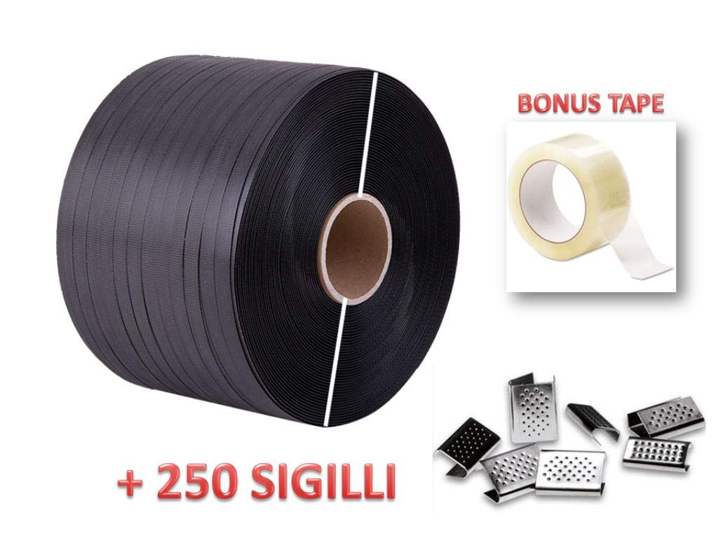 REGGIA + SIGILLI Reggetta polipropilene manuale 12x0,6 mm 1000mt x 1 bobina nera .Foro 62mm.+ BOX da 250 sigilli bulinati 13x0,5 (5/10) +Nastro Adesivo
