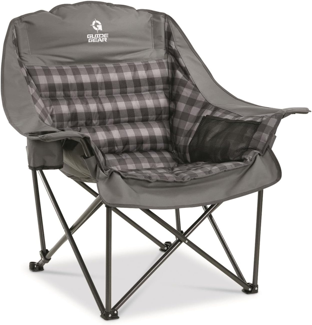 Oversized Extra Large Padded Camping Chair, Portable, Folding, Large Camp Lounge Beach Chairs for Outdoor, Adults, Men and Women, Heavy-Duty 400 Pound Capacity, with Cup Holder Gray Plaid