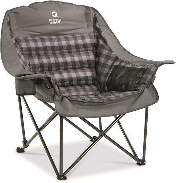 Guide Gear Oversized Extra Large Padded Camping Chair, Portable, Folding, Large Camp Lounge Beach Chairs for Outdoor, Adults, Men and Women, Heavy-Duty 400 Pound Capacity, with Cup Holder Gray Plaid