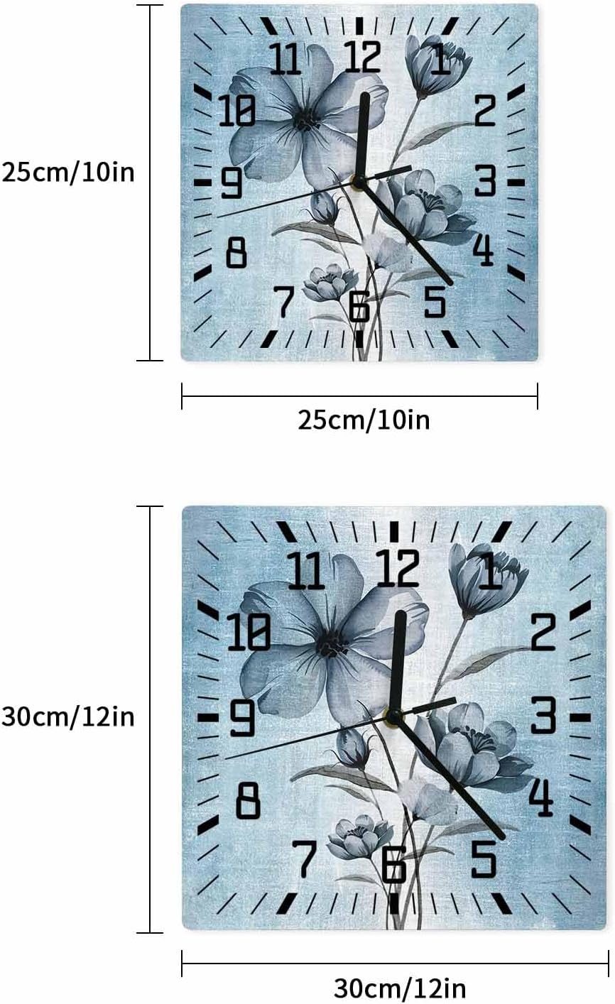 Wall Clock Square Non Ticking Silent Clock, Watercolor Ombre Wooden Wall Clock Retro Blue Flowers Kitchen Wall Clocks Battery Operated Clocks Home Decor for Kitchen Living Room Bedroom 12 Inch