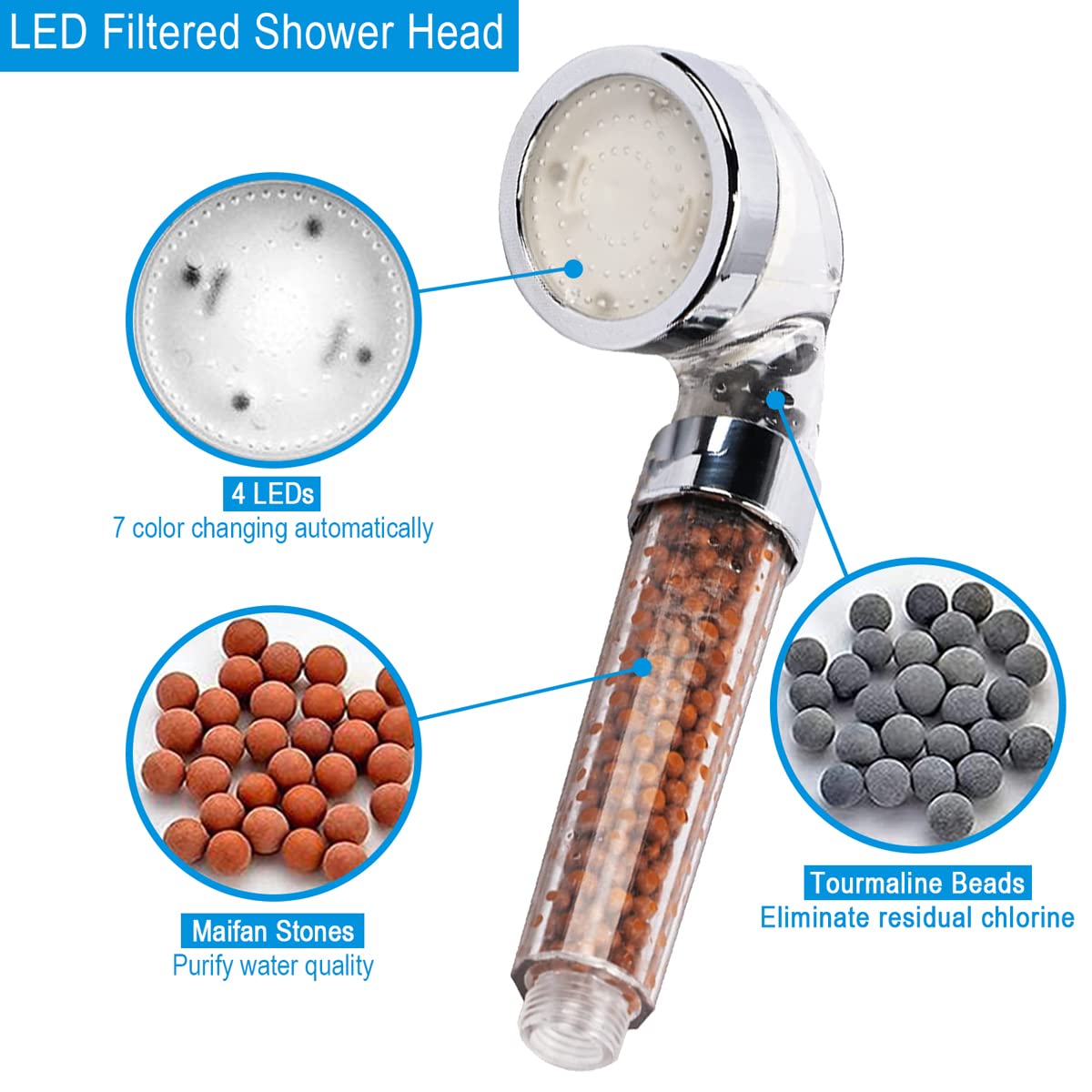Juego de cabezal de ducha de mano LED con filtración, kit de cabezal de ducha automático de 7 colores, cabezal de ducha de mano de alta presión con manguera y soporte, cabezales de ducha de 5