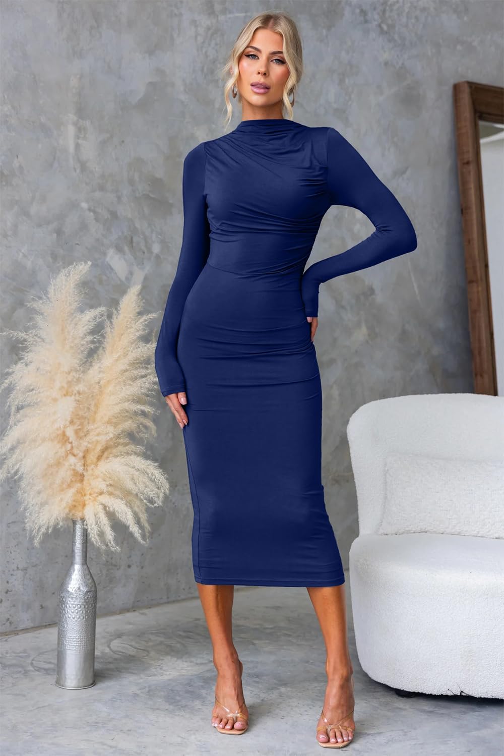 IHOT Women Mock Neck Casual Bodycon Midi Dress Long Sleeve Ruched Elegant Party Club Fall Dresses - Image 2