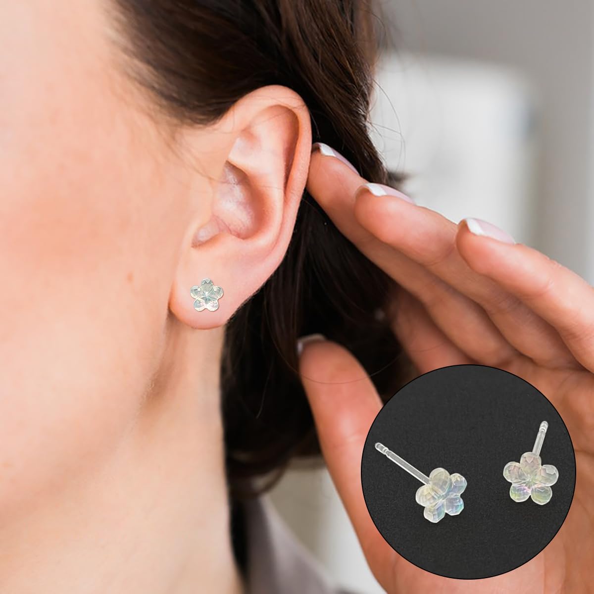 DaKuan 5 Pairs Coloured Earrings, 5 Colours Plastic, Sensitive Ears, Clear, Soft Rubber Back - Image 9